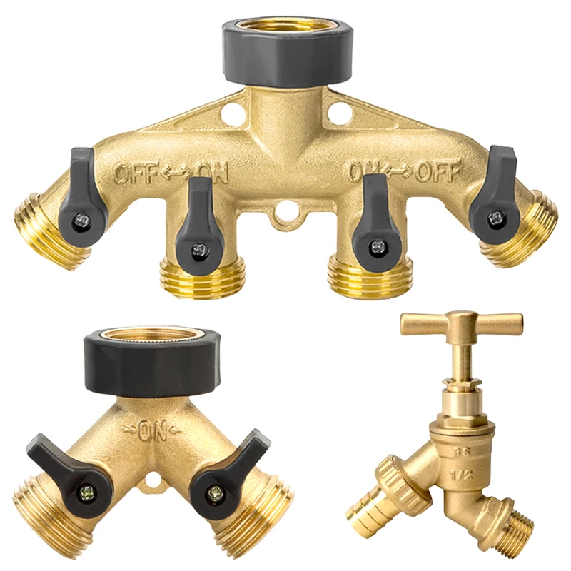 4 Ways Heavy Duty Brass Garden Hose Splitter Bibcock Connector Spigot Adapter Tap Faucet Hose Kink Protector
