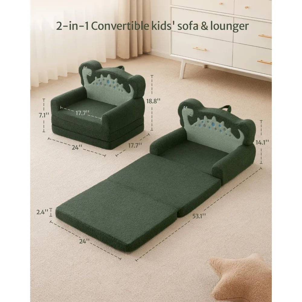 Kids Couch, 2-in-1 Soft Toddler Couch Fold Out, Toddler Chair Comfy, Convertible Sofa to Lounger with Cute Dinosaur Designs 6