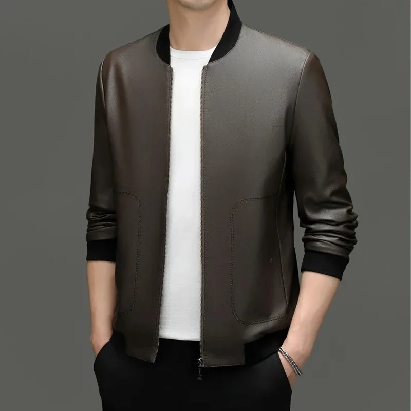 thumbnail image 1 of Chaqueta de cuero genuino para hombre, estilo coreano, corta, ajustada, con cuello de béisbol, informal, de moda, para otoño y primavera, 1 of 4