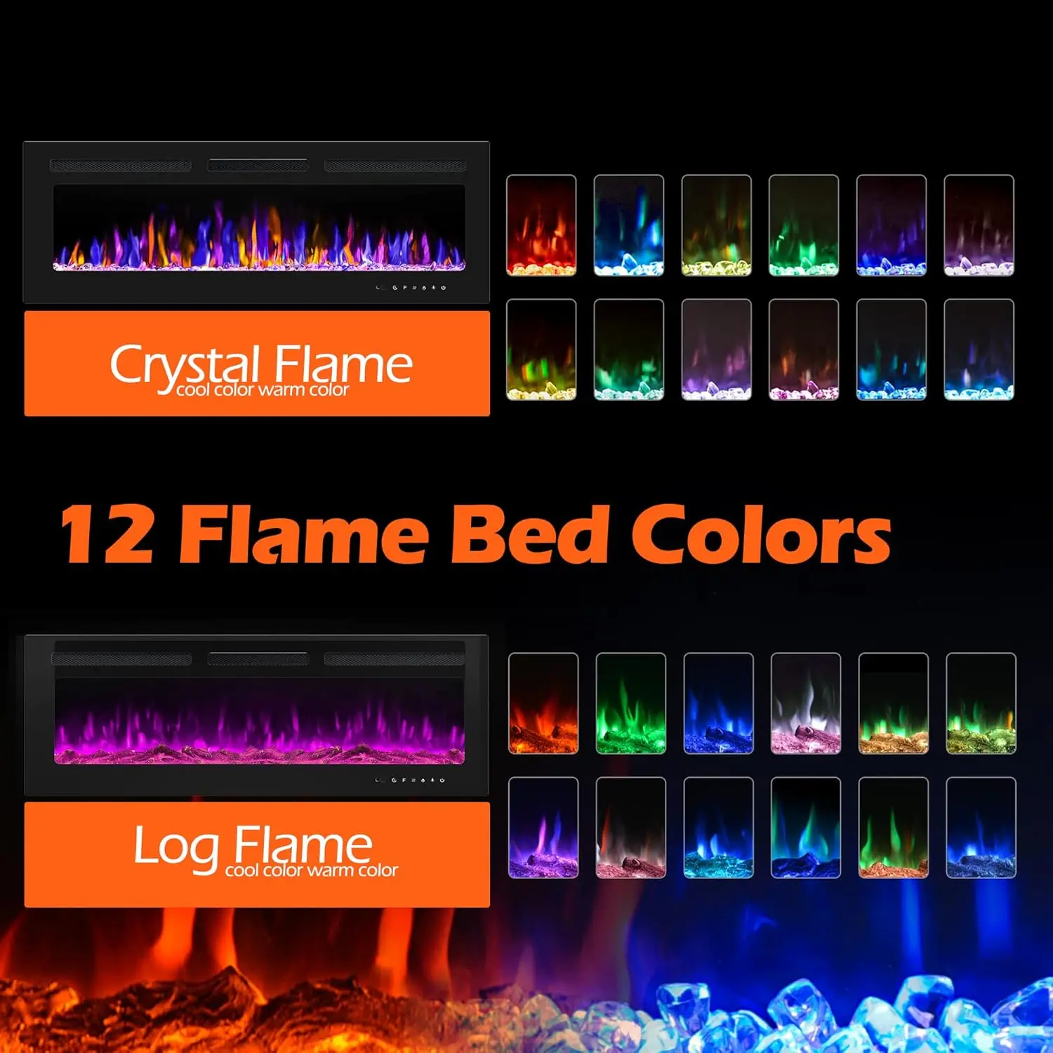 NEW-50" Electric Fireplace Wall Mounted and Recessed with Remote Control, 750/1500W Ultra-Thin Wall Fireplace Heater W/Timer