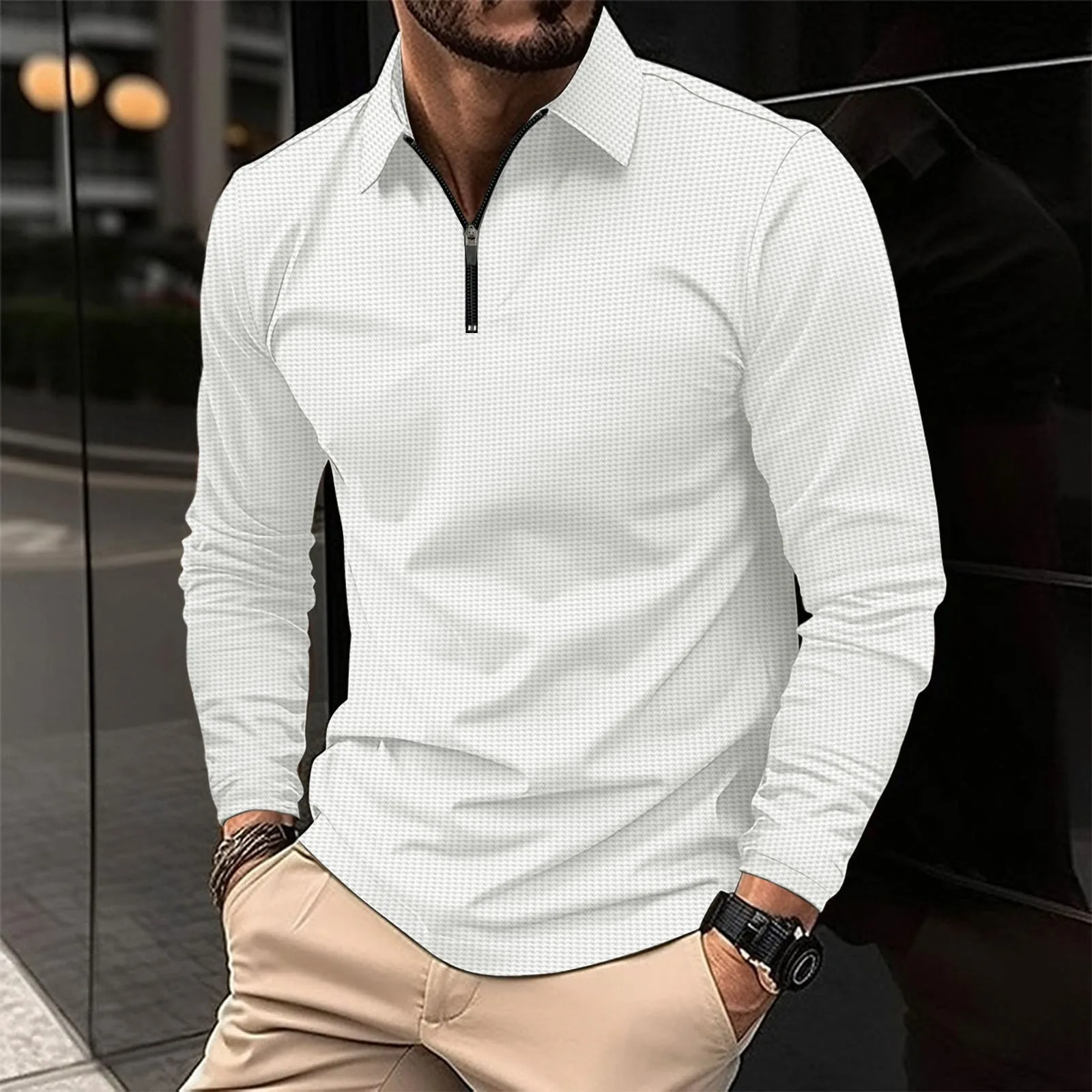 

Spring and autumn new senior Waffle fabric leisure sports men's golf solid color zipper long-sleeved polo shirt