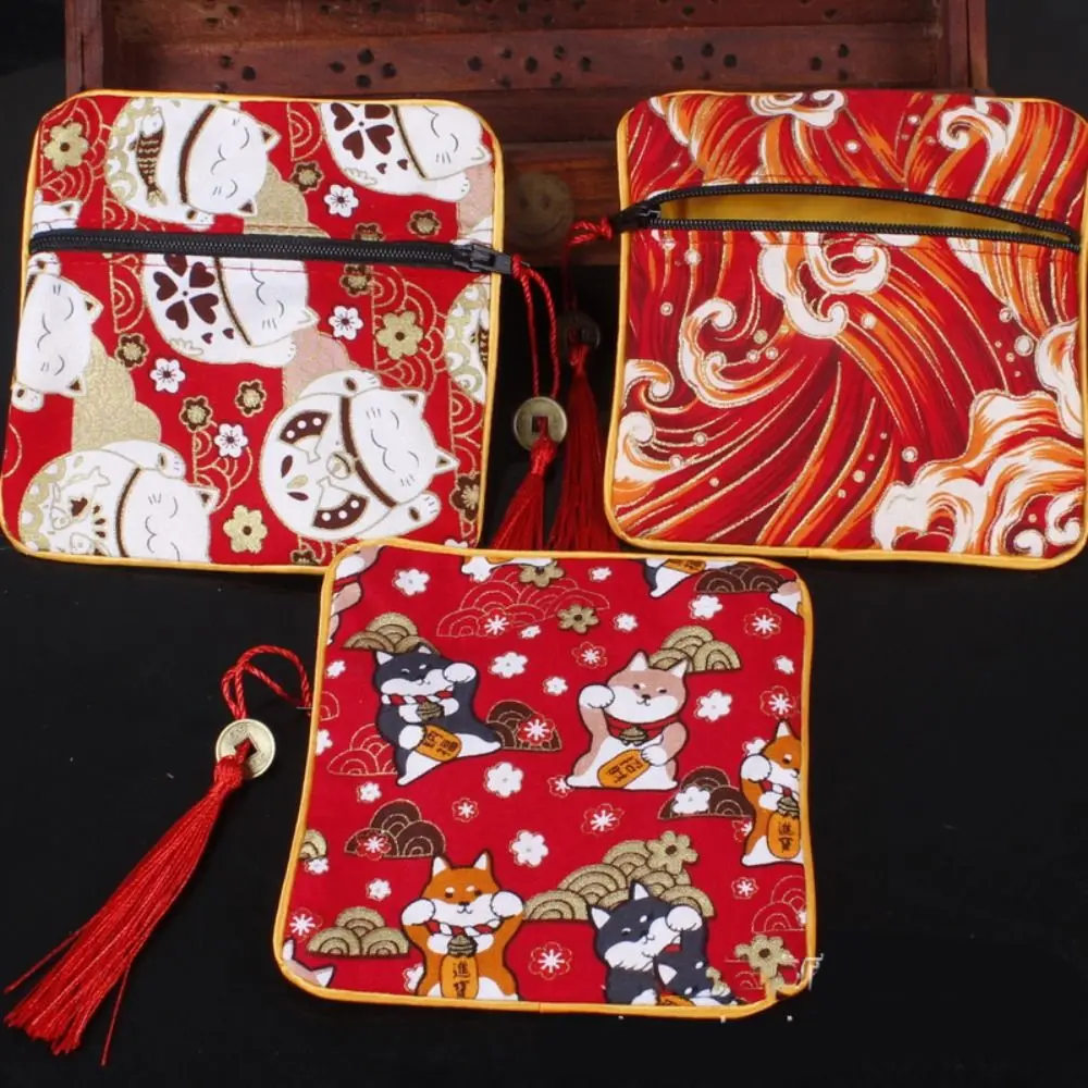 Cloth Chinese Style Coin Pouch Maneki Neko Copper Cash Pendant Jewelry Storage Bag Jewelry Organizer Necklaces Case Cloth Wallet
