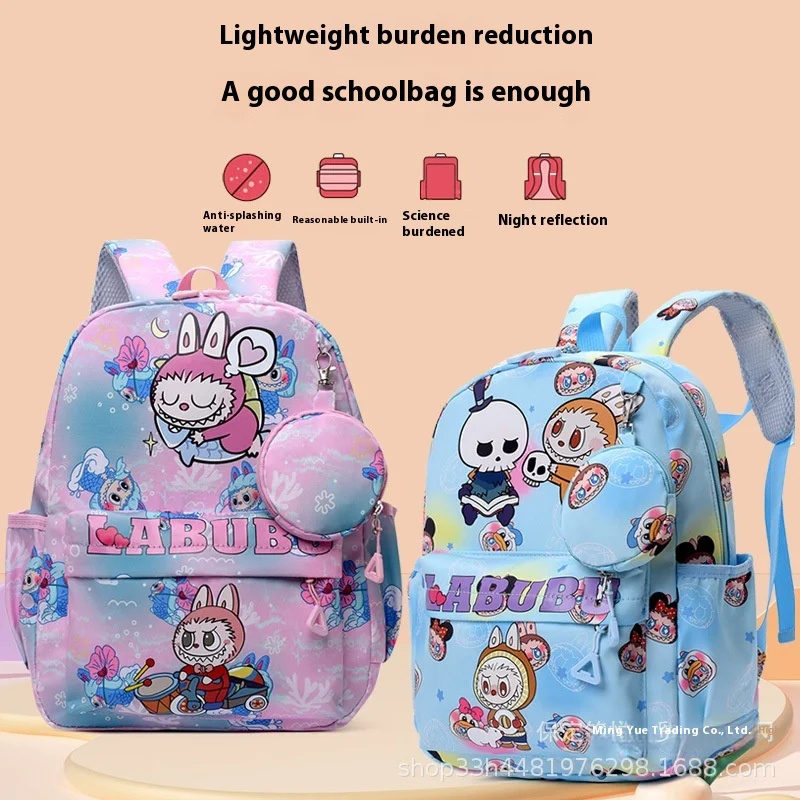 Anime Cartoon Labubu Backpack Kindergarten Backpack Large Class Labubu Printed Cute Reducing Burden Oxford Cloth Backpack 2
