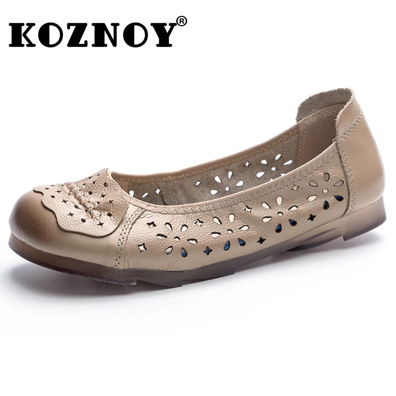 

Koznoy 1cm Women Moccassin Soft Soled Flats Novelty Ethnic Summer Round Toe Loafers Genuine Leather Hollow Comfy Oxfords Shoes