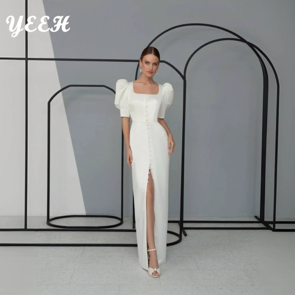 

YEEH Simple Vintage wedding dress Front Slit Sheath Buttons Satin Square Neck Zipper Up back Half Puff Sleeves robe de mariée