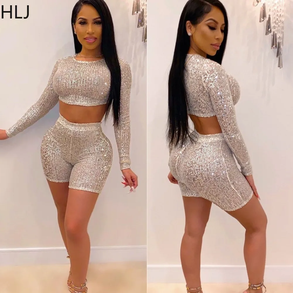 HLJ Fashion Sequin Nightclub Shorts Two Piece Sets Women Round Neck Long Sleeve Crop Top And Shorts Outfits Summer 2pcs Clothing