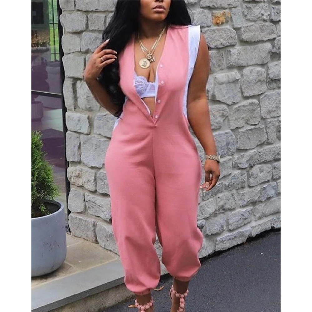 Women Summer Colorblock Fake Two-Piece Buttoned Sleeveless Cuffed Jumpsuit Femme Casual Sexy One-pieces Jumpsuts Outfits 2023
