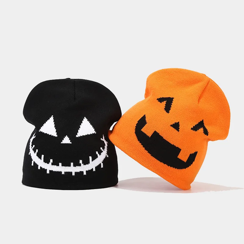 

New Halloween Pumpkin Skull Head Jacquard Knitted Pullover Skullies Funny Festival Warm Woolen Beanies Gift Minus Two Y2K Cap