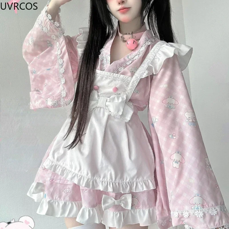 Japan Kawaii Lolita Style Dress Sweet Cute Cartoon Print Gothic Y2k Party Dresses with Bow Apron Cosplay Costume Maid Dress Sets