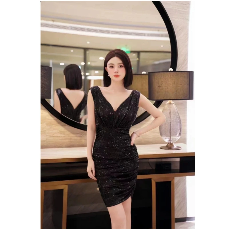 

23 Spring/Summer New Product High Cold Sexy Deep V-Neck Black Heavy Duty Sequin Pleated Slim Fit Wrap Hip Sling Dress