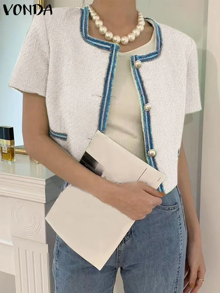 

VONDA Women Ribbon Patchwork Blazer Fashion Coats 2023 Summer Short Sleeve Casual Solid Color Buttons Elegant Tops Streetwear