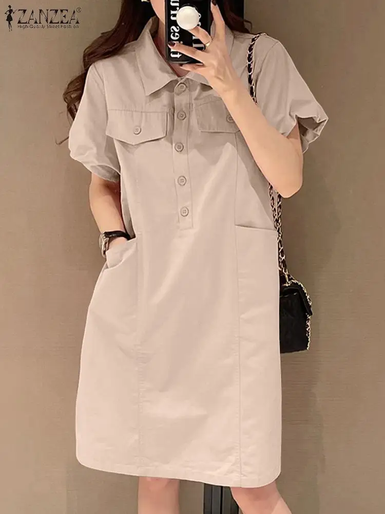 

ZANZEA Elegant Shirt Dress Women Short Sleeve Office Vestidos Summer Lapel Button Sundress Female Robe Casual Holiday Dresses
