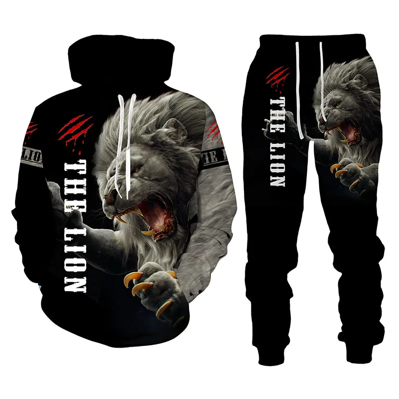 Men's The King Lion Pattern Hoodie Set Casual Animal Print Tracksuit Comfortable Suit Male Fashion Hooded Outfit Clothing