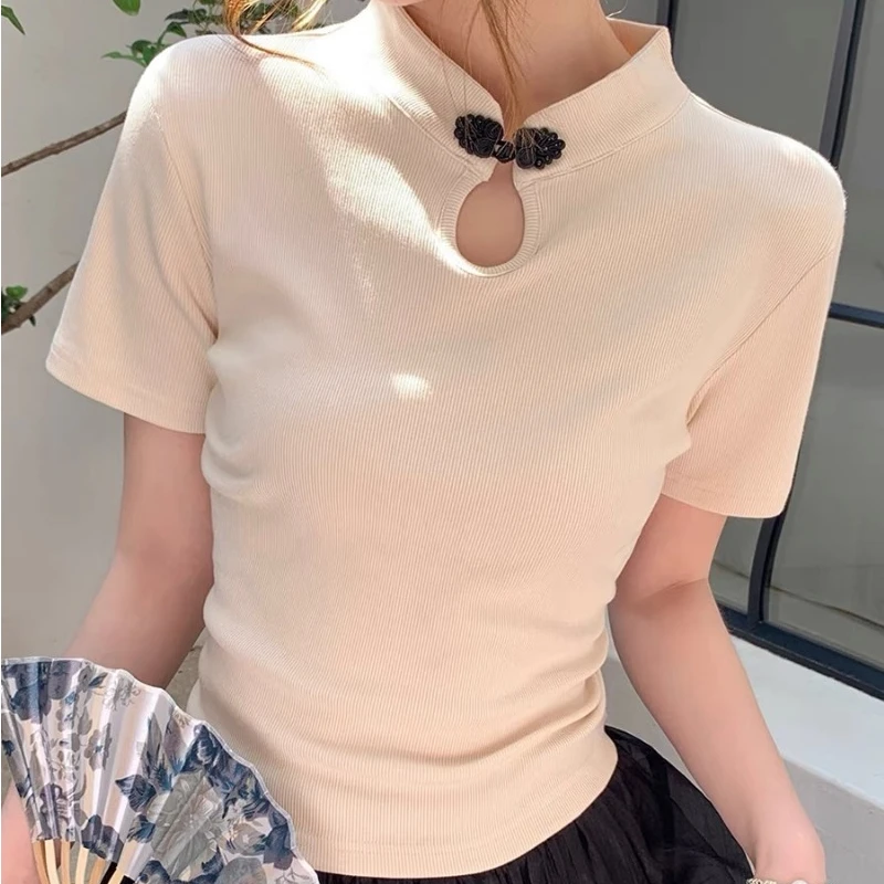 New Chinese Style T-shirts Women Short-sleeved Hollowed Out Retro Tees Spring and Summer Solid Color Versatile Daily Tops Female