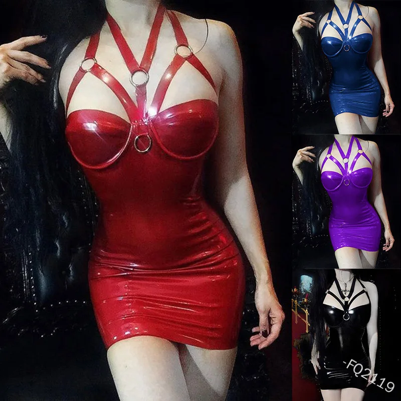 

S-5XL Sexy Gothic Corset Choker Dress Leather Skinny Bodycon Mini Halter Neck Short Dress Women Punk Club For Girls Plus Size