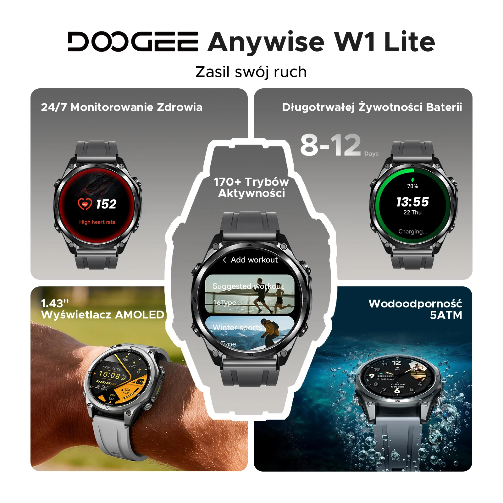 Смарт часовник DOOGEE ANYWISE W1 LITE 5ATM 178 спортни режима - Image 2
