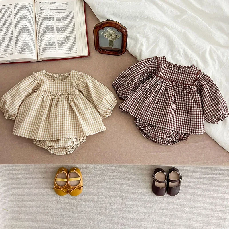 Korean Baby Girl Plaid Blouse Bloomer Suit