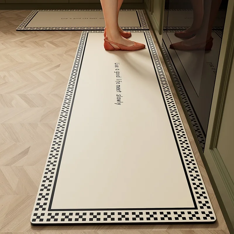 Kitchen Carpet Waterproof Non-slip Oil-proof Door Mats PVC Leather Dirt-resistant Rug Black White Plaid Home Decoration Foot Mat