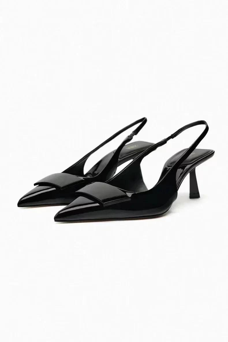 

2024 Summer New Women's Shoes Black Vamp Embellished Open Heel Mule Shoes High Heels Fine Heel Pointed Toe Sexy Baotou Sandals