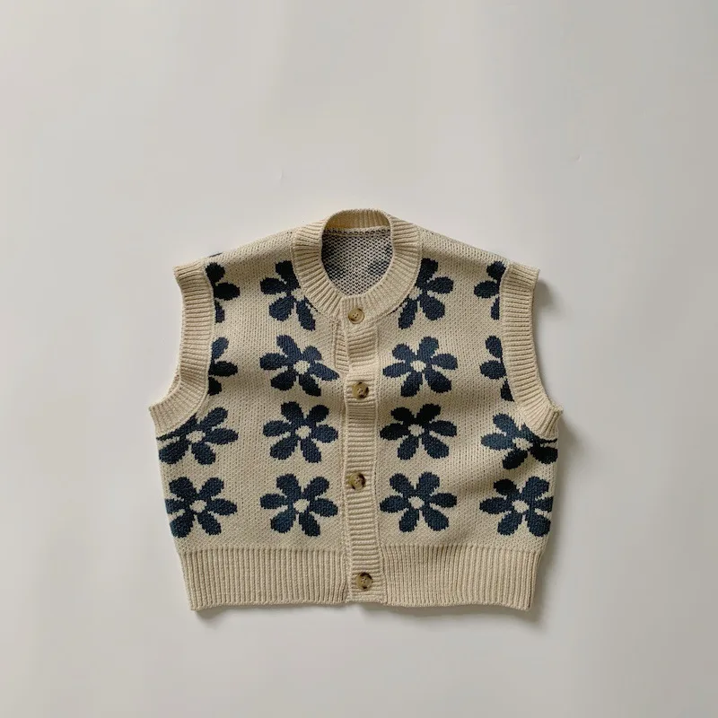 1213C Children Clothes Knitted Vest Spring New Children's Vest Retro Flower Knitted Boy's Sweater Coat Kid's Waistcoat