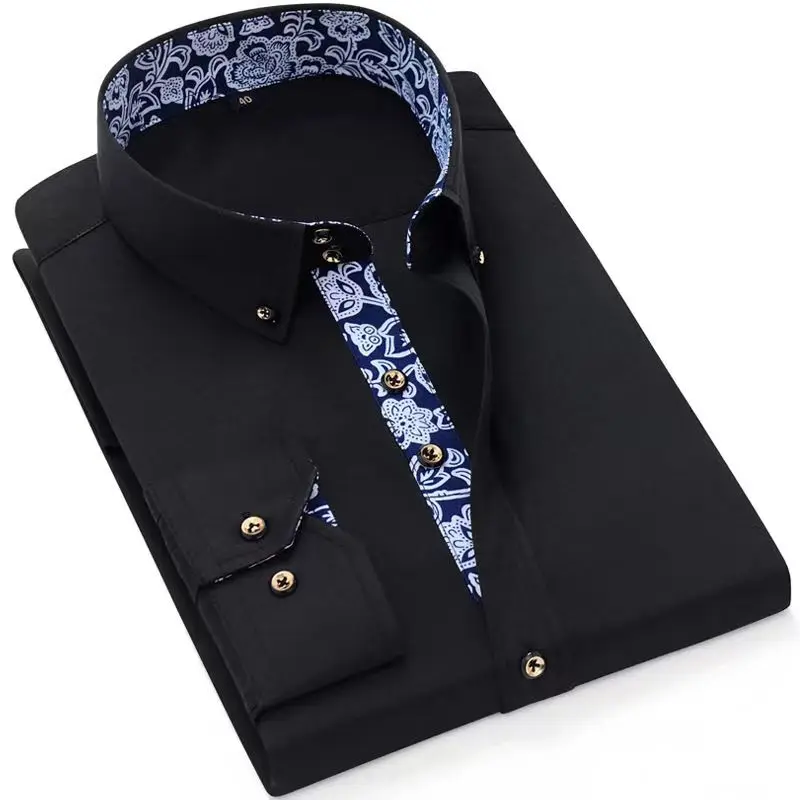 High Quality Men's Shirts with Retro Blue and White Porcelain Collar Long-sleeved Slim Fit Dress Shirts Business Casual Style