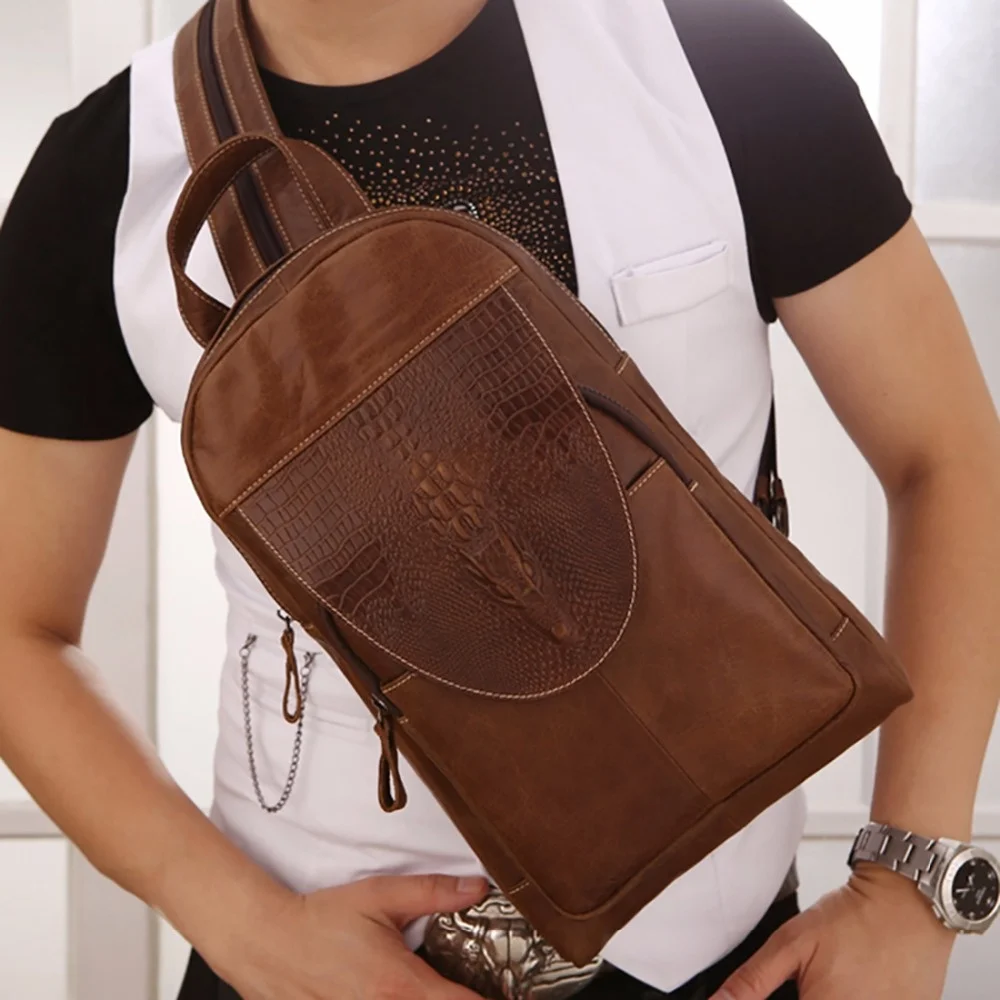 Genuine Leather Men Chest Backpack Daypack Crocodile Pattern Retro Real Cowhide Single Shoulder Bag Multipurpose Sling Rucksack