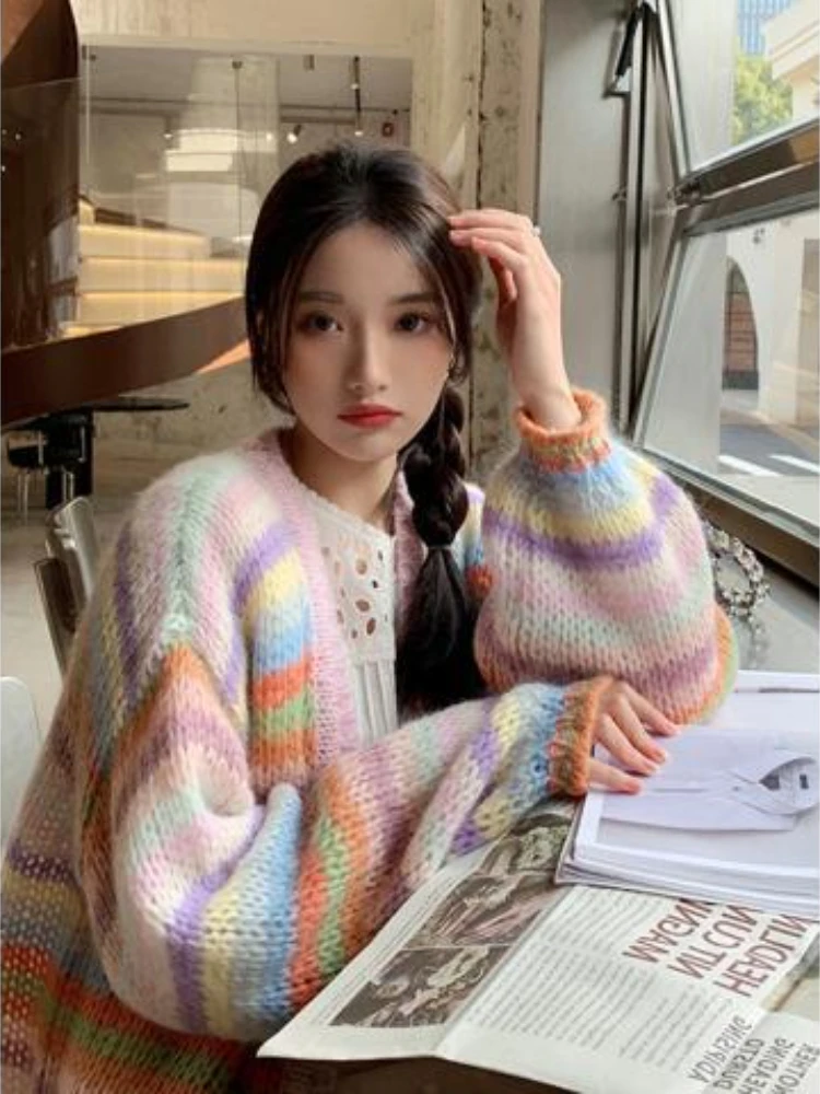 스트라이프 패널 가디건, 컬러풀한 올 매치 하라주쿠 배기 긴 소매 니트웨어, 대학 캐주얼 스웨터, 세련된 Y2k 의류