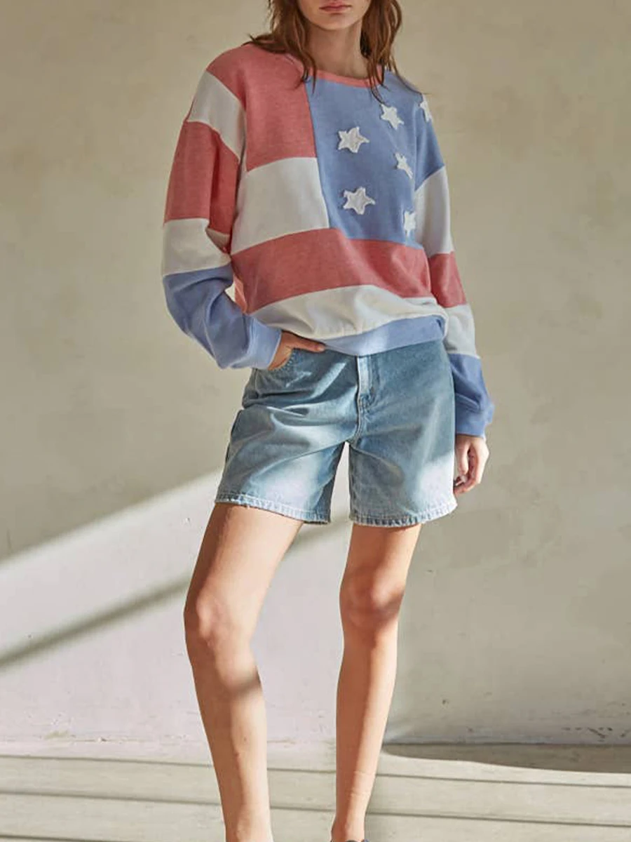 Women s Long Sleeve Shirt with Star and Stripe Print Loose Fit Basic Top Blouse for Casual Club Streetwear Aesthetic Fashion