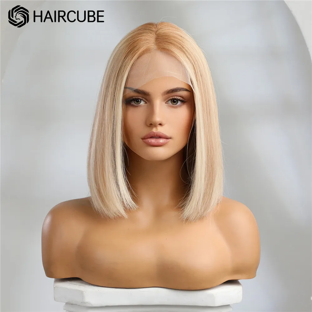 HAIRCUBE Bayalage Honey Blonde Human Hair Wigs for Women 13×5×1 Lace Front Wig Lob Hairstyle Middle Part Bob Remy Human Hair Wig