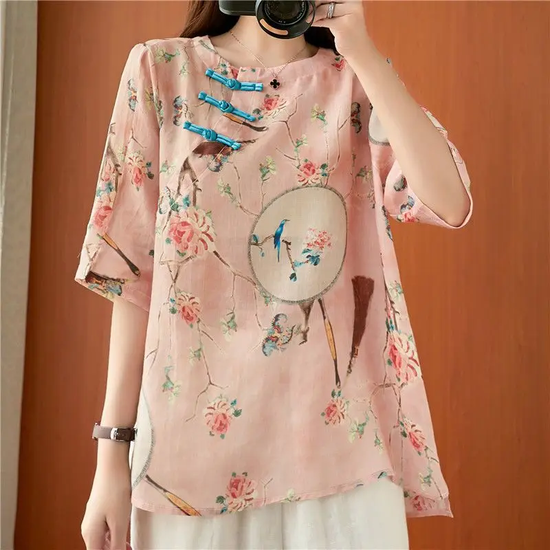 Chinese Style Round Neck Cotton Linen Women's Summer Retro Printed Half Sleeve Loose Button Asymmetric Thin Commute Shirt Tops