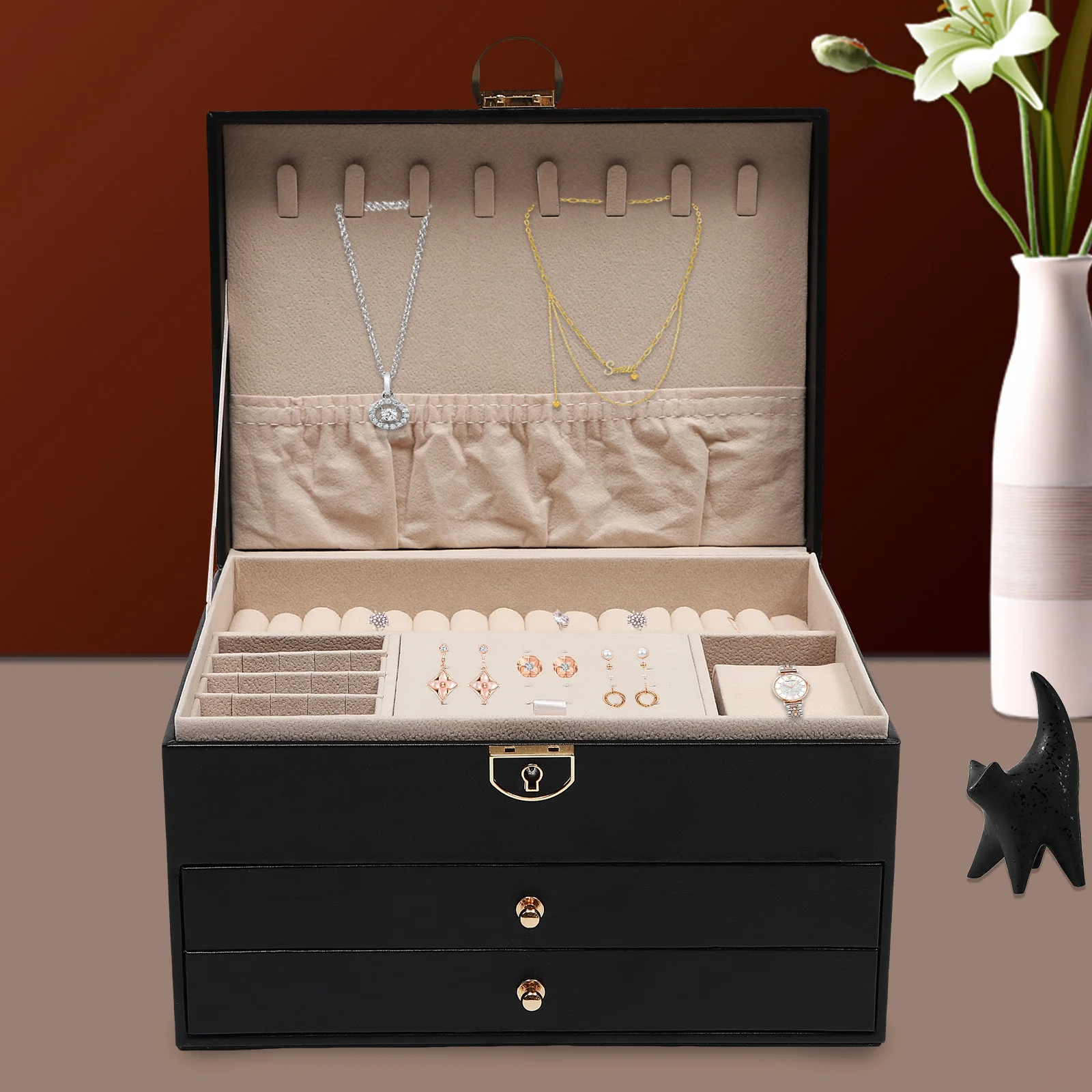 

3-Layers Large Jewelry Storage Case PU Jewelry Box Organizer for Women Girls