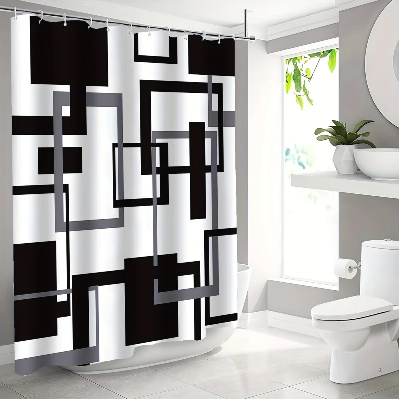 Geometric Black & Gray Print Shower Curtain - Waterproof, Includes Hooks, 180.34cm x 180.34cm - Modern Bathroom Decor 2