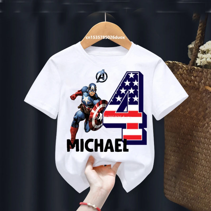 Summer 2024 Captain America Birthday Personalize Name Boy Shirt 2 3 4 5 6 7 8 9 Marvel Birthday Girl White Short Sleeve T-Shirt 4