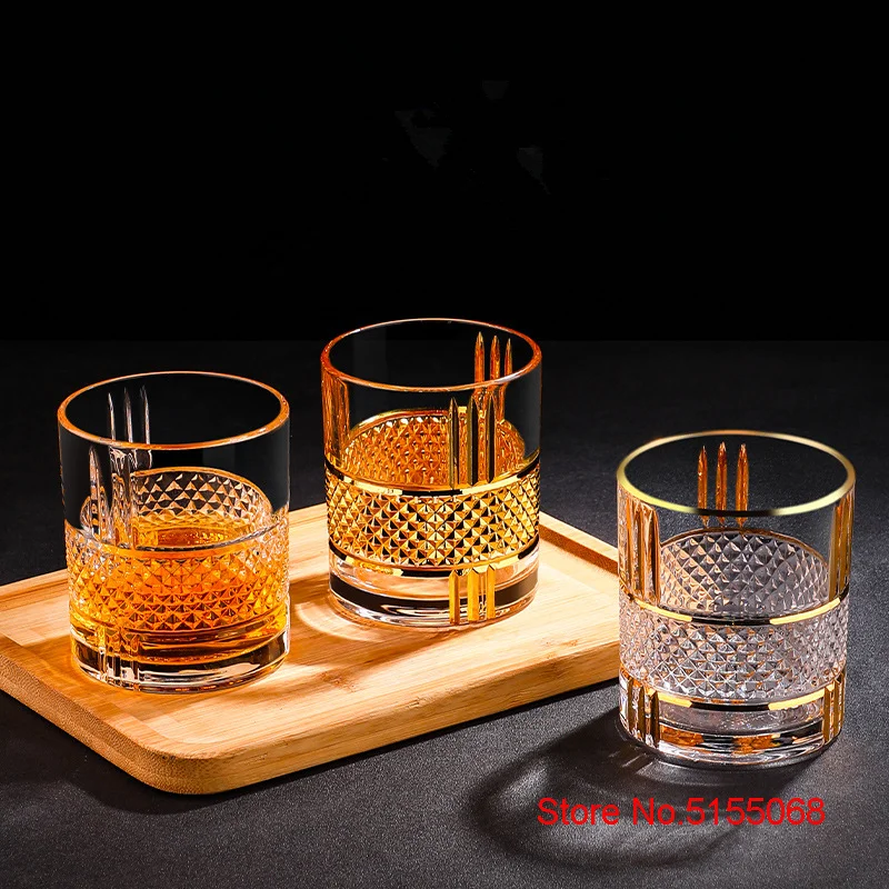 European Style Luxury Golden Old Fashioned Whiskey Rock Glass Diamond Cut Pattern Whisky Tumbler Trace Gold Wine Glass Beer Cup whiskey glass wine glass