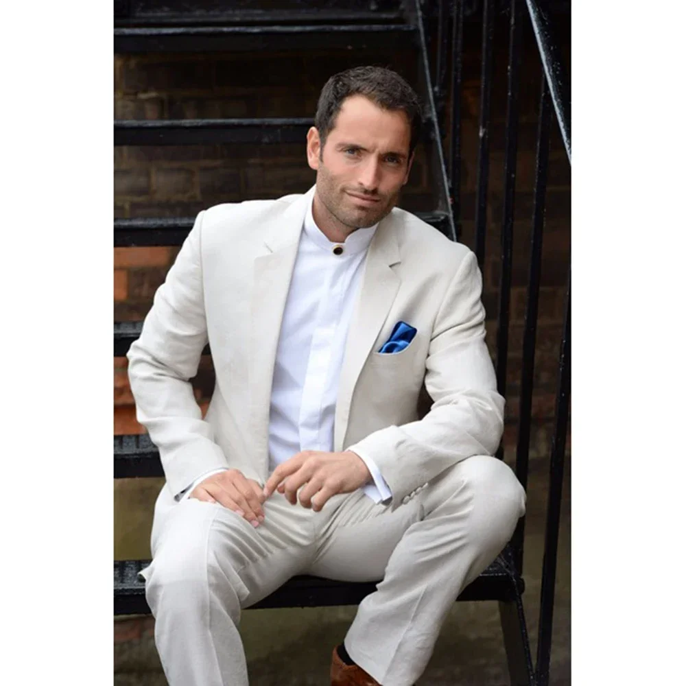 2024 Beige Summer Linen Suits For Men Casual Slim Fit Blazer Hombre High Quality Custom 2 Piece Set Jacket Pant Costume Homme