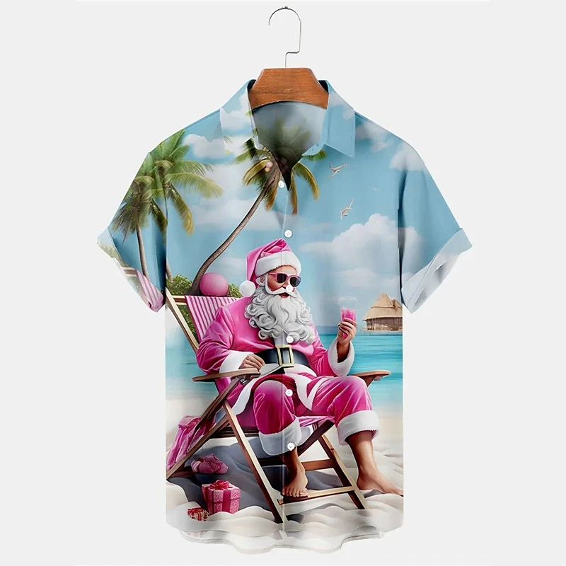 

Christmas Men's Hawaiian Shirt Short Sleeve Tops Santa Claus Graphic Turndown Collar Shirts Oversized Male Street Party Apparel