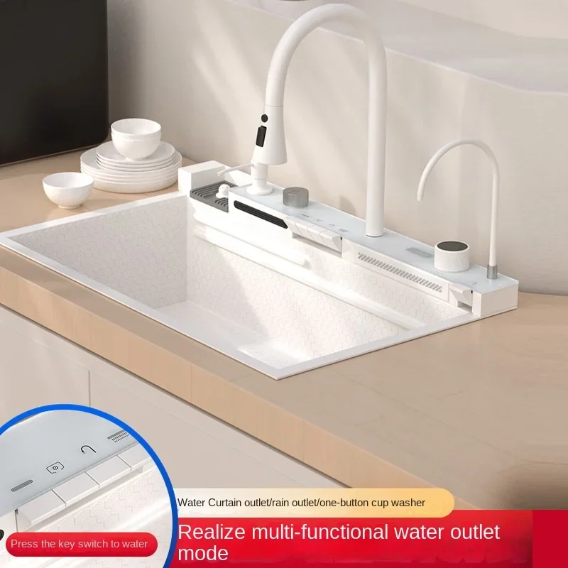 White Kitchen Sink 304 Stainless Steel Large Single Slot Whale Integrated Multifunction Digital Display Rain Faucet Set