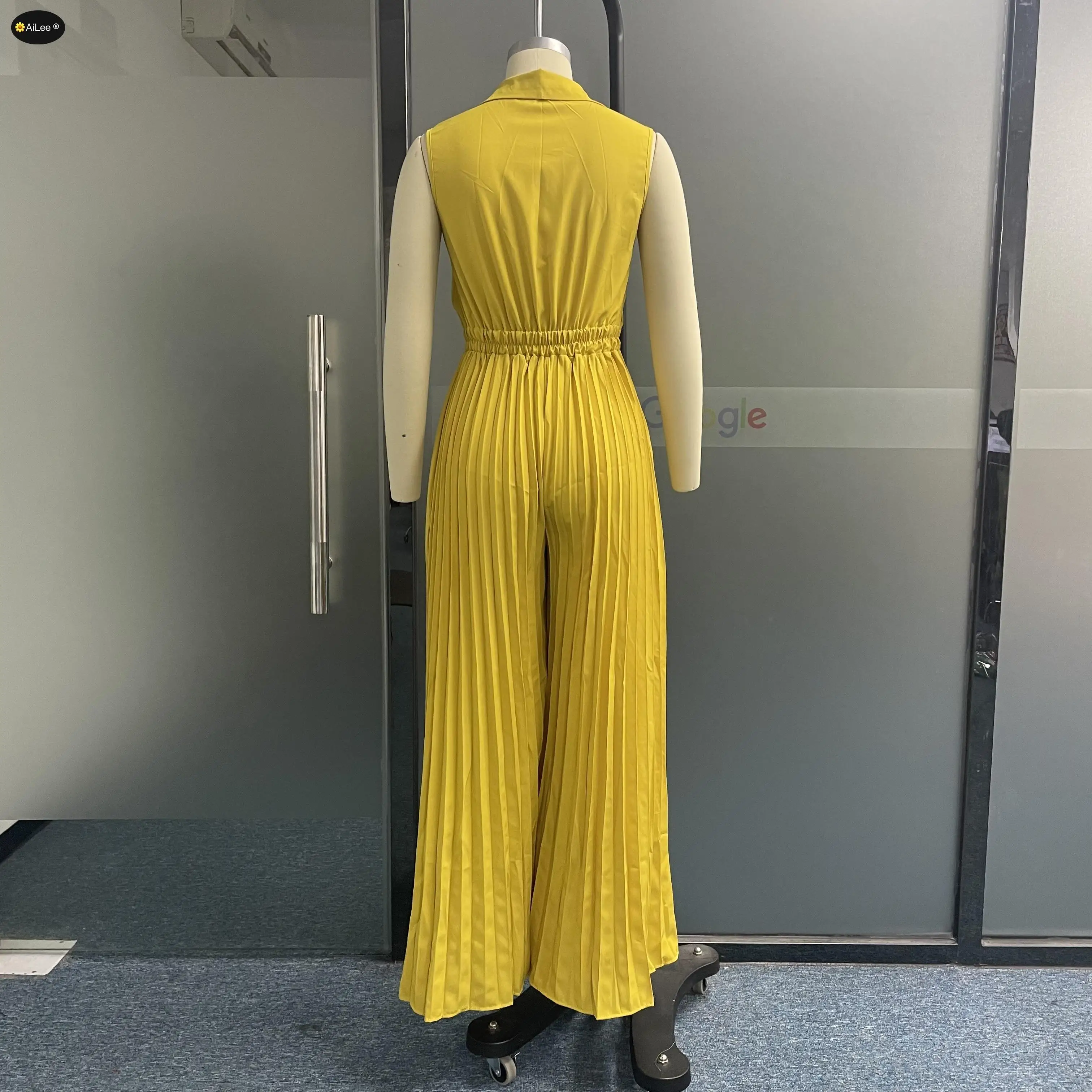 Women Floor Length Jumpsuit Summer Fashion V Neck Sleeveless Lapel Chic Lace Up Loose Wide Legs Pants Romper High Streetwear