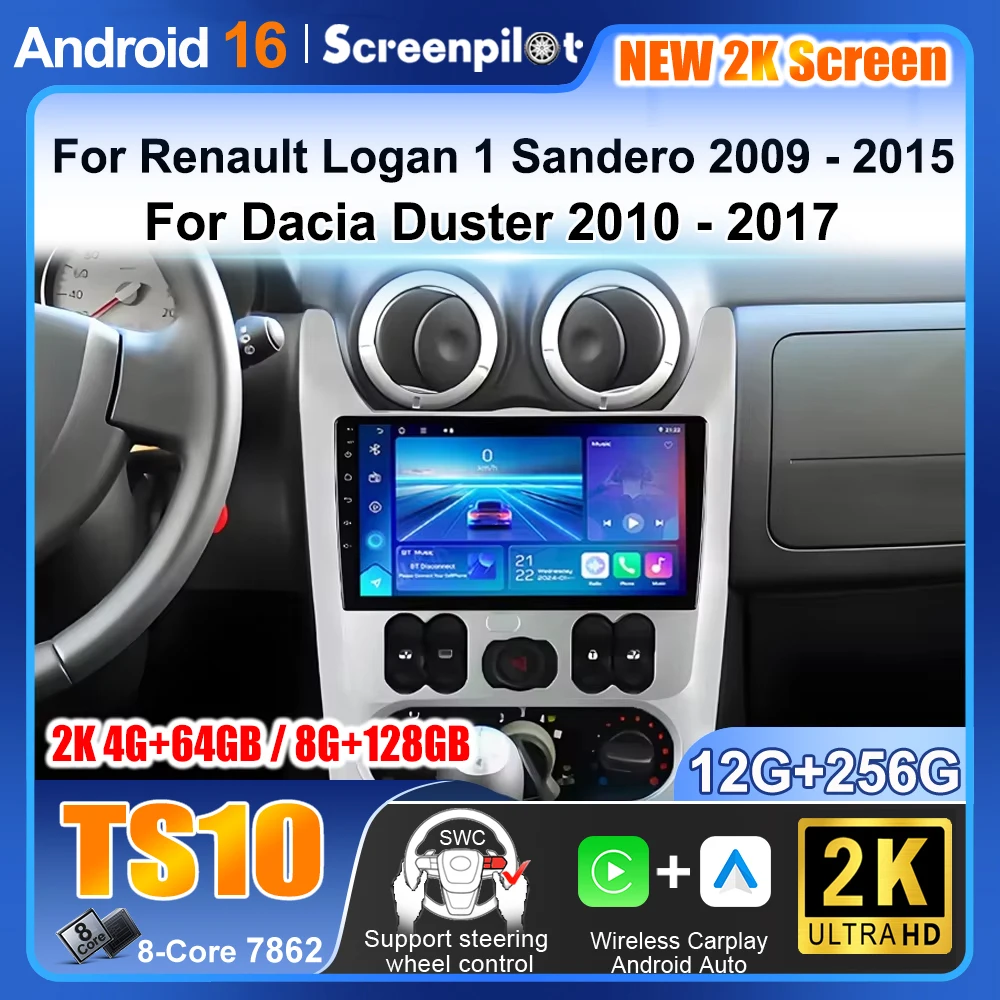 Radio para coche Android 16 para Renault Logan 1 Sandero 2009 - 2015 para Dacia Duster 2010 - 2017 Reproductor multimedia de video con navegación GPS 1