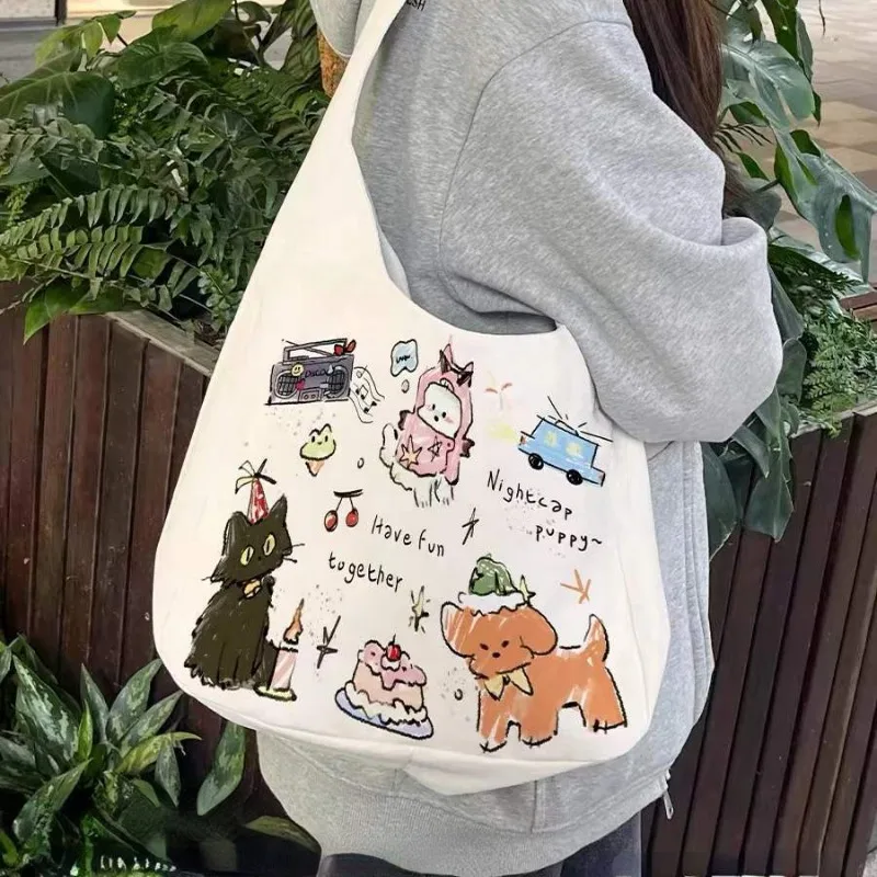 MBTI Cute Graffiti Womens Tote Bag Canvas Cartoon Print Casual Large Capacity Shoulder Bag Fashion Daily Female New in Handbag