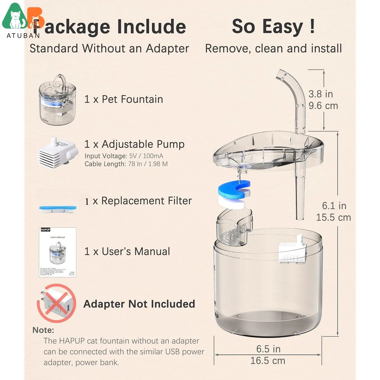 ATUBAN Cat Water Fountain Animal Water Dispenser 61OZ/1.8L Automatic Pet Drinking Fountain Clear Upgrade for Cats Kitty Indoor 6