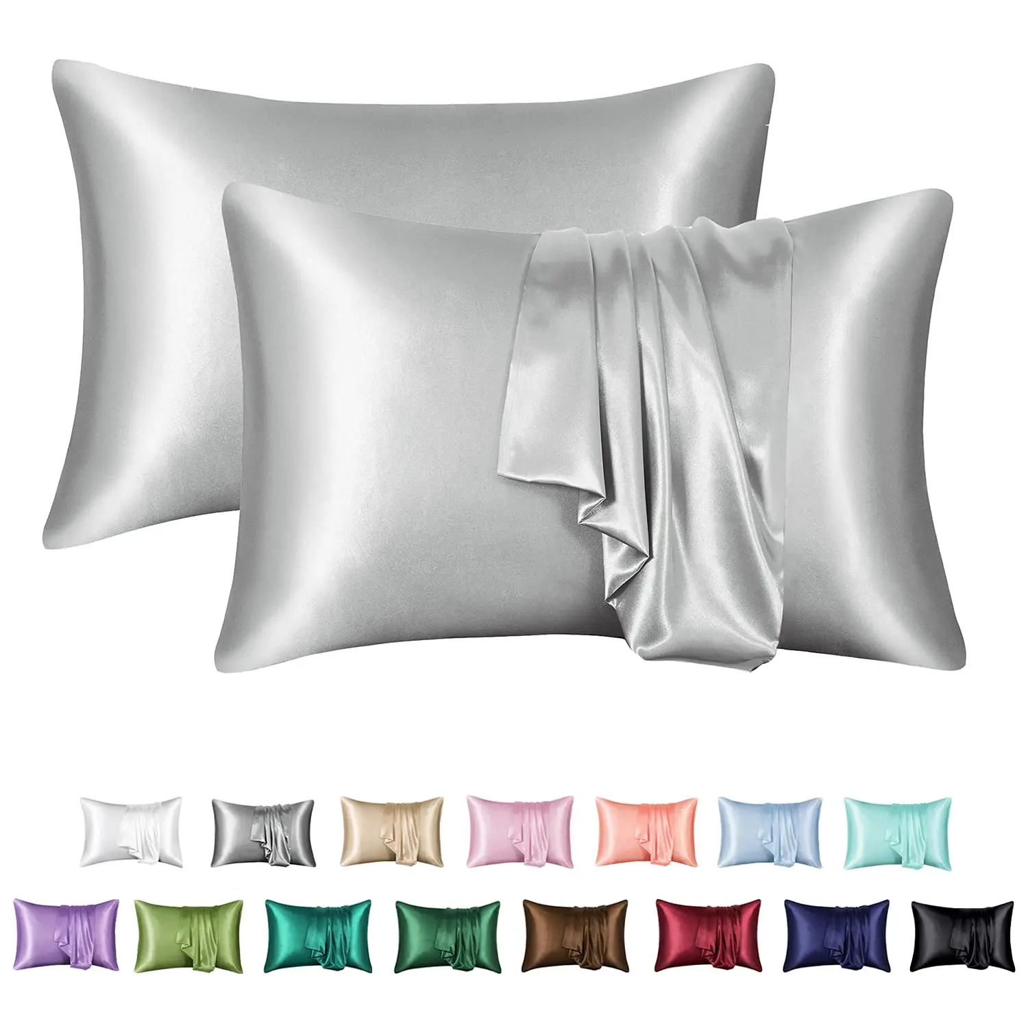 Silk Satin Pillowcase for Hair and Skin, Silky Pillow Cover with Envelope Closure, Set of 2