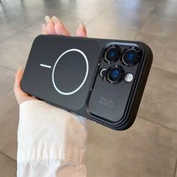 Premium Matte Metal Lens Frame Phone Case with Camera Protection and Solid Color Back Cover - 15Pro (Black)