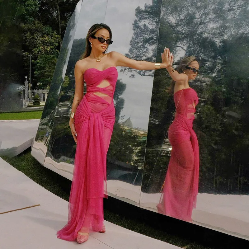 Nibber Women's Elegant Pink Maxi Dress Sexy Lady Long Dresses Girls Sleeveless Robe Mesh Hollow Out Partywear Streetwear New