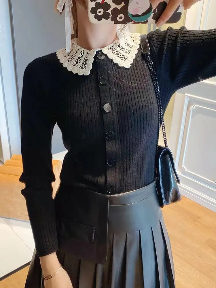 

Women Hollow Out Embroidery Peter Pan Collar Single Breasted Long Sleeve Sweater Knit Cardigan
