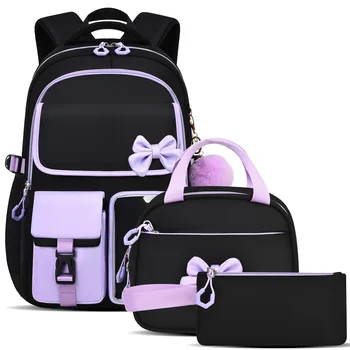 Three-piece Purple School Bag Set Casual with Pen Bag Students Schoolbag Durable with Lunch Bag Large Capacity bow Backpack book 1