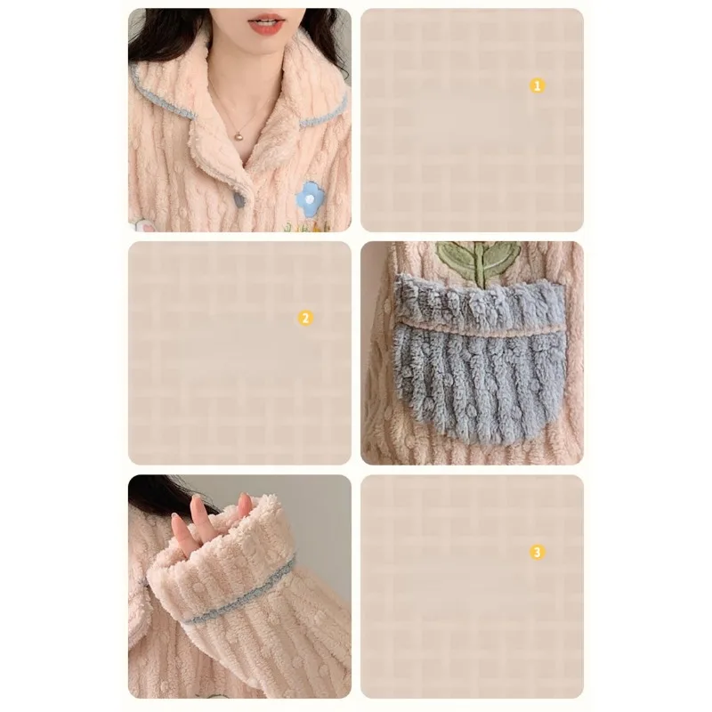 2023 New Pajama Women Autumn Winter Sleepwear Thickened Cute Flannel V-neck Homewear Princess Style Warm Loungewear Set