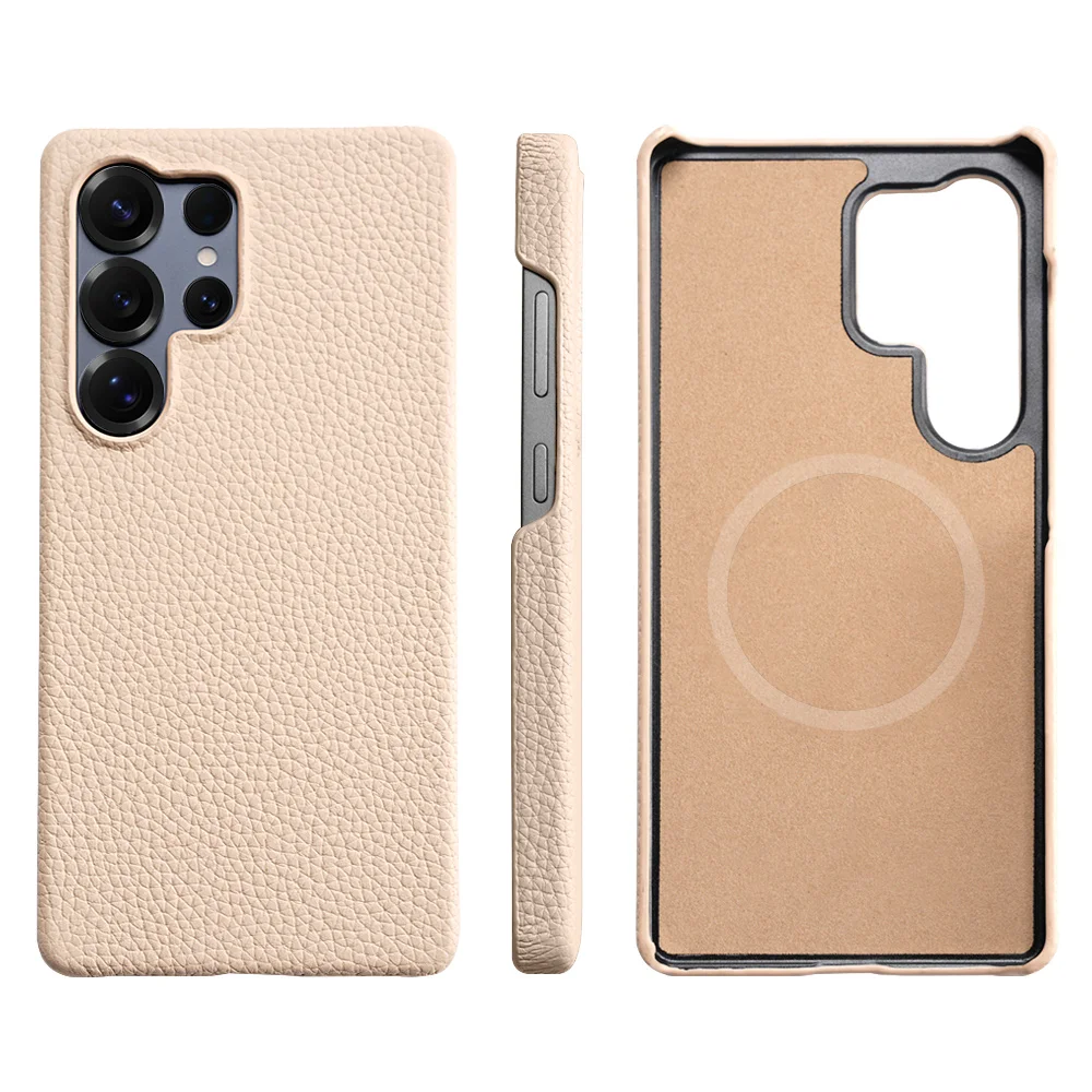 Luxury Natural Cowhide Lychee Leather Magnetic Phone Case with MagSafe – Premium Protector Cover