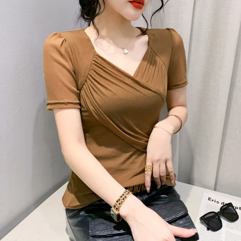 

#6137 Black Brown Tight Irregular T Shirt Women V-neck Sexy Wrap T-shirt Female Folds Korean Style Womens Tshirt Short Sleeve