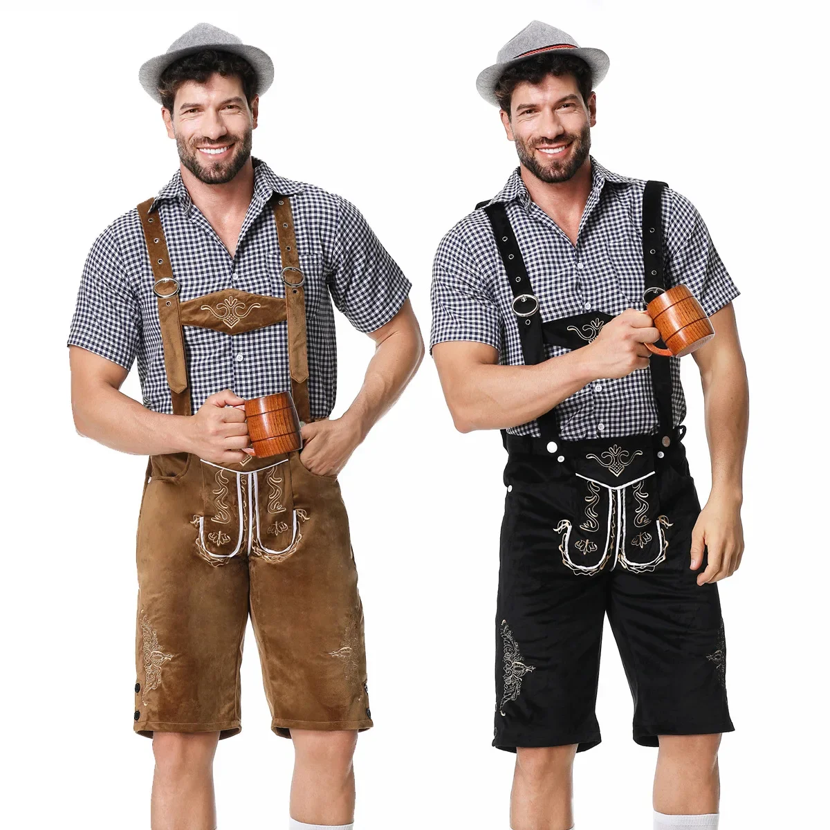 

German Munich Traditional Men's Oktoberfest Carnival Clothing Plaid Shirt Embroidery Suspenders And Hat Suit